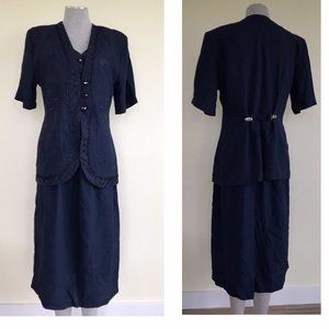 Modern Touch Navy Blue Two piece Skirt Suit with Embroidered Jacket Blouse